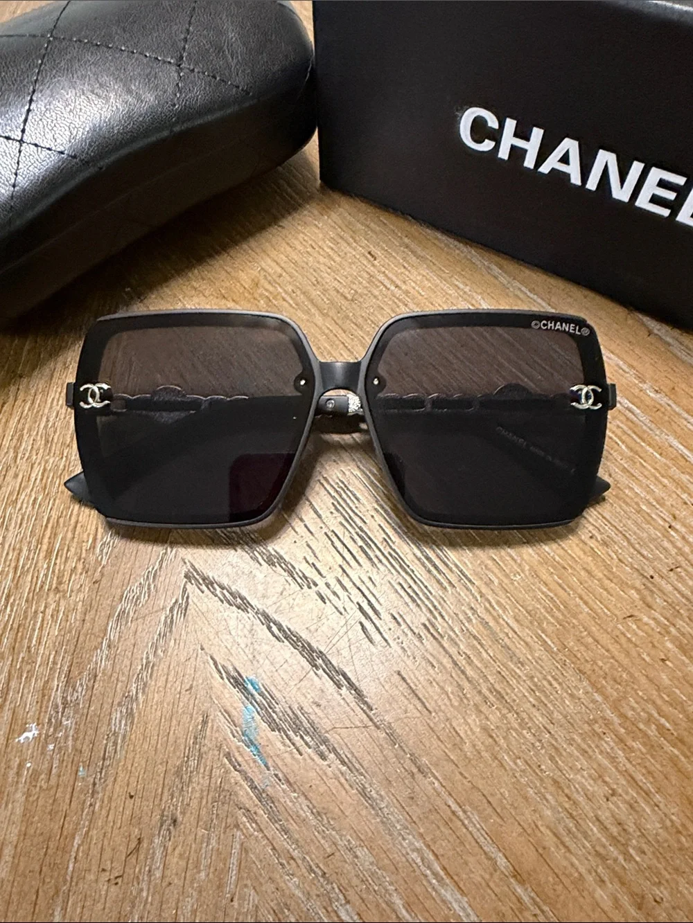 CHANEL Oversized Black Square Sunglasses with Silver CC Accents
